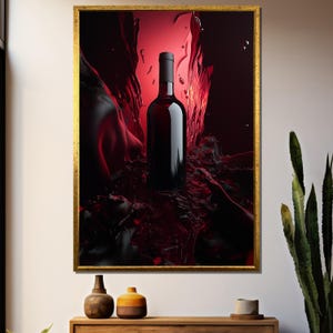 Elegant Red Wine Bottle Art, Modern Minimalist Canvas Painting, Dark Aesthetic Wall Decor, Luxury Bar Art Print, Unique Gift for Wine Lovers