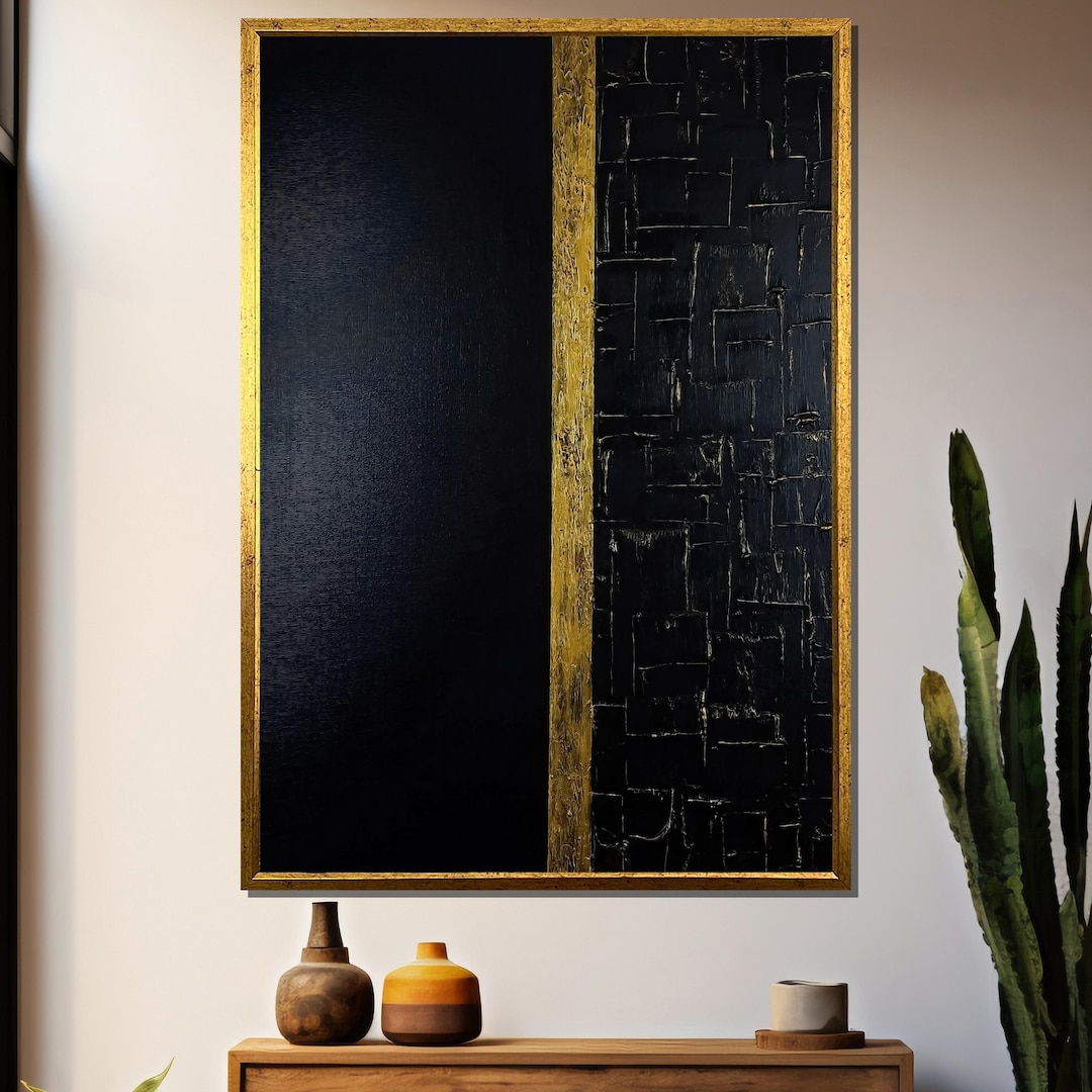 Black and Gold Textured Abstract Canvas Painting – Minimalist Wall Art ...