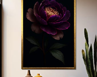 Canvaskunst pioenroos donker bloemen – Sfeervolle bloemenprint met gouden centrum