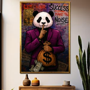 Panda Urbano con Borsa di Soldi e Graffiti "Success Make the Noise" - Quadro su Tela Contemporaneo, Regalo per la Casa Moderna