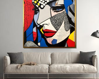 Roy Lichtenstein Canvas Painting, Pop Art Woman Portrait, Abstract Comic Style Wall Decor, Colorful Retro Artwork, Modern Home Gift