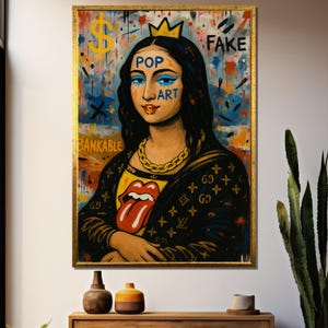 Vibrant Pop Art Canvas Painting of Mona Lisa Reimagined with Gucci LV Motifs, Dollar Sign Lips, Gold Chain and Street Art
