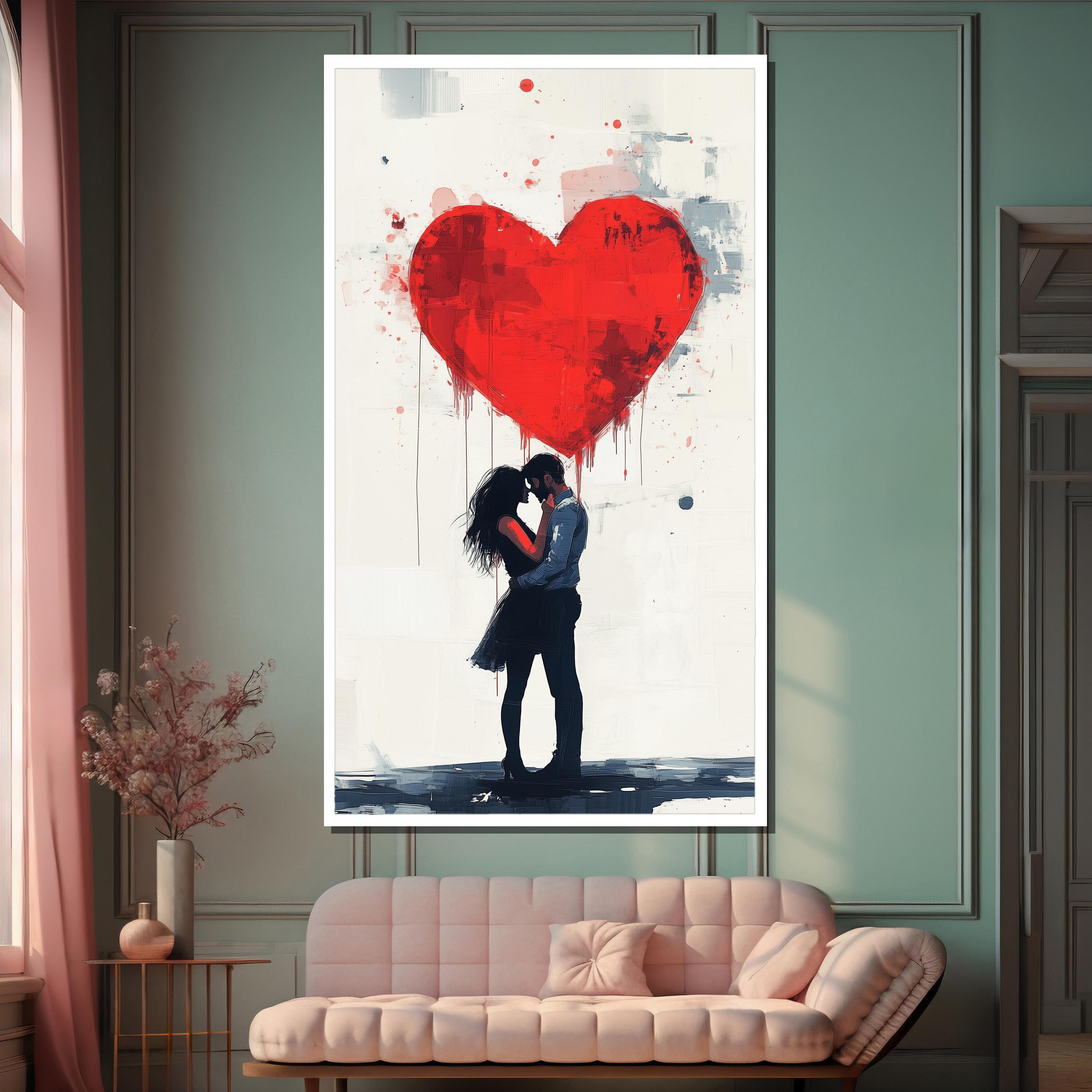 Romantic Couple Canvas Print, Red Heart Love, Valentine's Day Gift