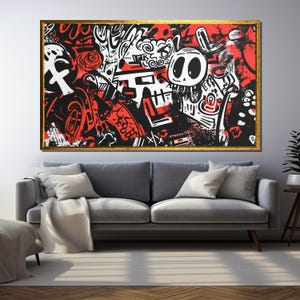 Graffiti Punk Canvas Painting, Urban Street Art Print, Black and Red Abstract Wall Art, Edgy Doodle Artwork, Modern Home Decor, Unique Gift