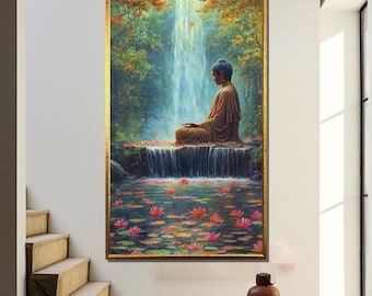 Peaceful Buddha Canvas Painting by Waterfall and Lotus Pond, Tranquil Zen Wall Art, Spiritual Gift for Home