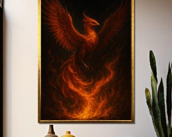 Phoenix Rising Canvas Print, Fiery Mythical Bird Wall Art