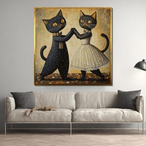 Whimsical Cat Couple Waltzing – Adorable Canvas Painting of Dancing Cats, Perfect Gift for Animal Lovers and Home Decor