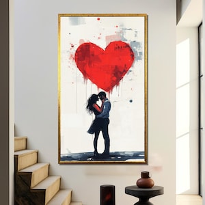 Abstraktes Paar Gemälde, Rotes Herz Wandbild, Abstraktes Valentinstag Kunstwerk, Geschenk zum Jahrestag, Modernes Wohndekor