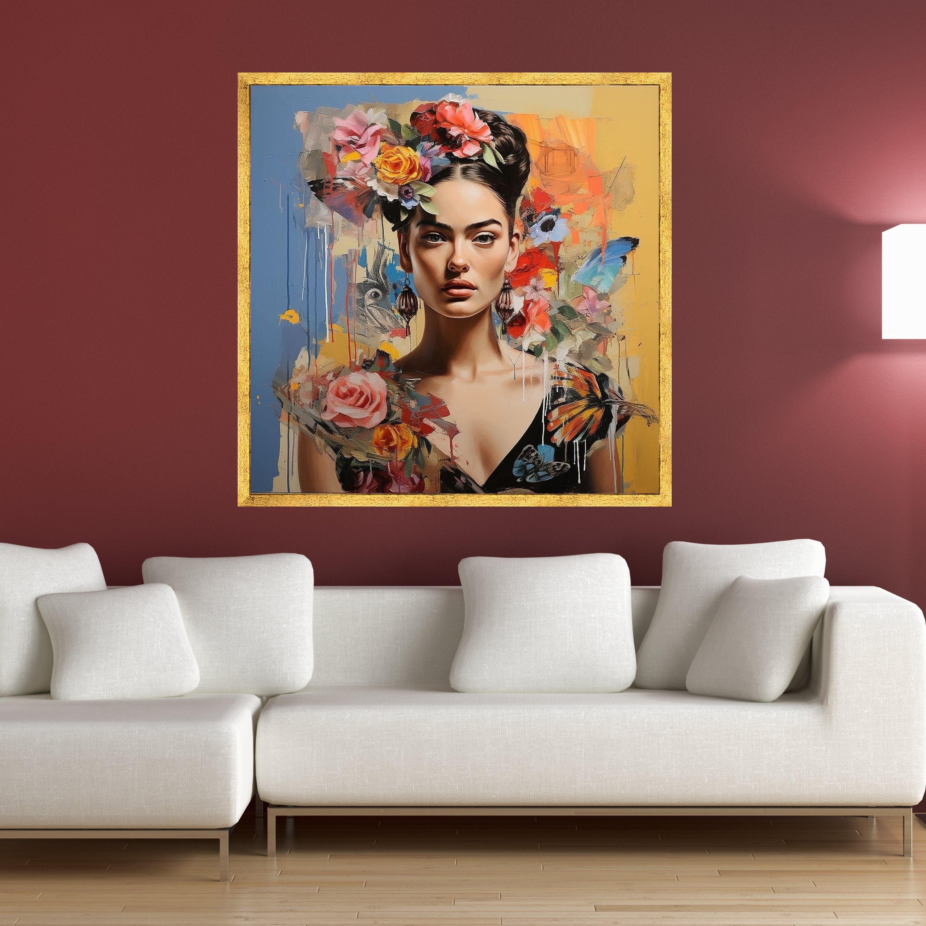 Floral Woman Portrait Canvas Wall Art, Vibrant Flower Headpiece ...