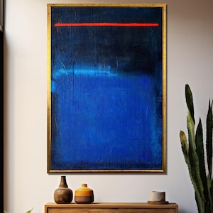 Mark Rothko&#39;s &#39;Untitled&#39; – Striking Blue Canvas Painting with Bold Red Accent Line, A Captivating Modern Art Gift
