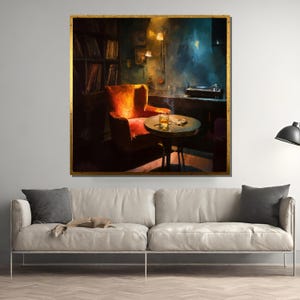 Gemütliches Jazz-Club Interieur Gemälde - warmer Sessel, Whiskyglas, Schallplattenspieler Wandkunst für Lounge und Vintage Dekor