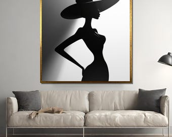 May include: Black and white silhouette of a person wearing a large hat and a dress. The person is standing with their hand on their hip and looking to the side. The background is a white wall.