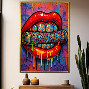 Vibrant Graffiti Dripping Lips Holding Spray Can – Bold Street Art Canvas Painting as a Unique Gift for Urban Art Enthusiast