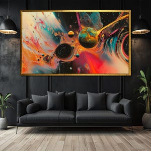 Vivid Cosmic Abstract Canvas Art  Vibrant Universe with Planets for Modern Wall Decor and Unique Gift Idea