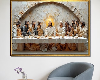 May include: A framed artwork depicting the Last Supper. The painting features Jesus and his disciples seated at a table, set against an arched backdrop. The artwork is framed in a gold-colored frame and is displayed on a white wall.