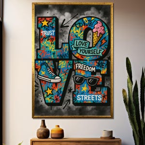 Grafite - Tela de arte pop com letras de amor decoradas com estrelas, mensagens de confiança, tênis, sorvete e óculos de sol
