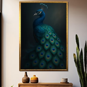 Elegant peacock canvas painting with vibrant feathers, luxurious wall art gift for living room, bedroom or nature- decor