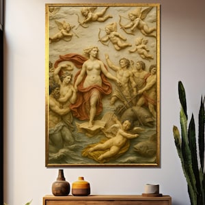 The Birth of Venus Canvas Painting – Classical Mythology Wall Art with Angels, Gods and Sea Creatures in Renaissance Style
