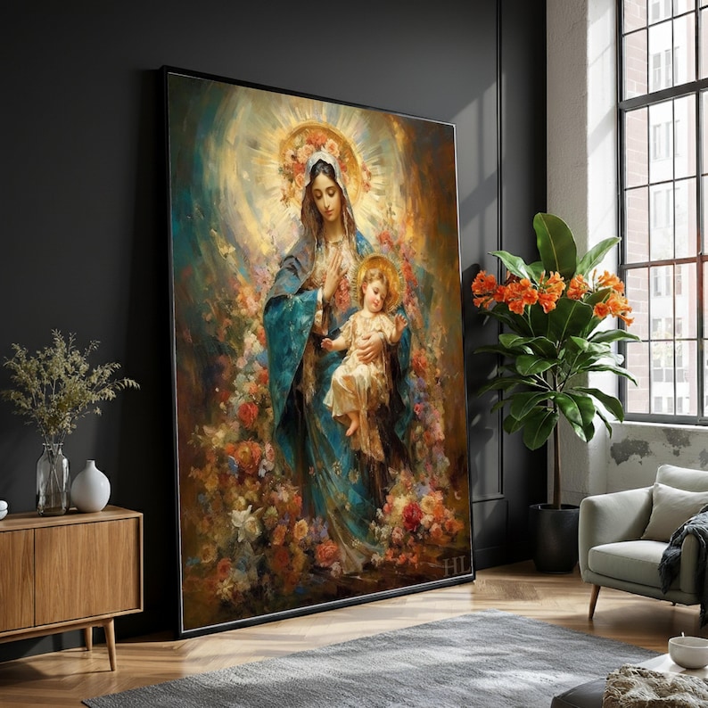 Virgin Mary and Child Jesus Canvas Print, Floral Halo, Religious Wall ...