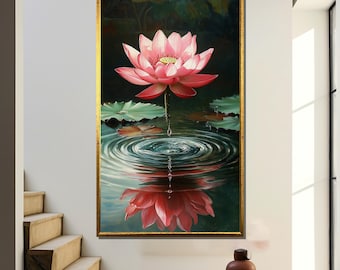 Pink Lotus Flower Canvas Print, Zen Water Reflection Art