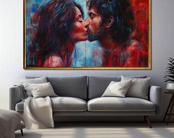 Passionate Kiss Canvas Painting, Romantic Couple Abstract Art, Modern Decor