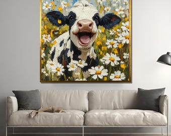 Joyful Cow in a Meadow of Daisies - Whimsical Animal Canvas Painting for Farmhouse Décor and Unique Gift