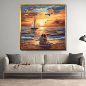 ロマンチックなビーチの夕日と帆船 - 海岸で抱き合うカップル、風景キャンバス絵画、恋人へのプレゼントに最適