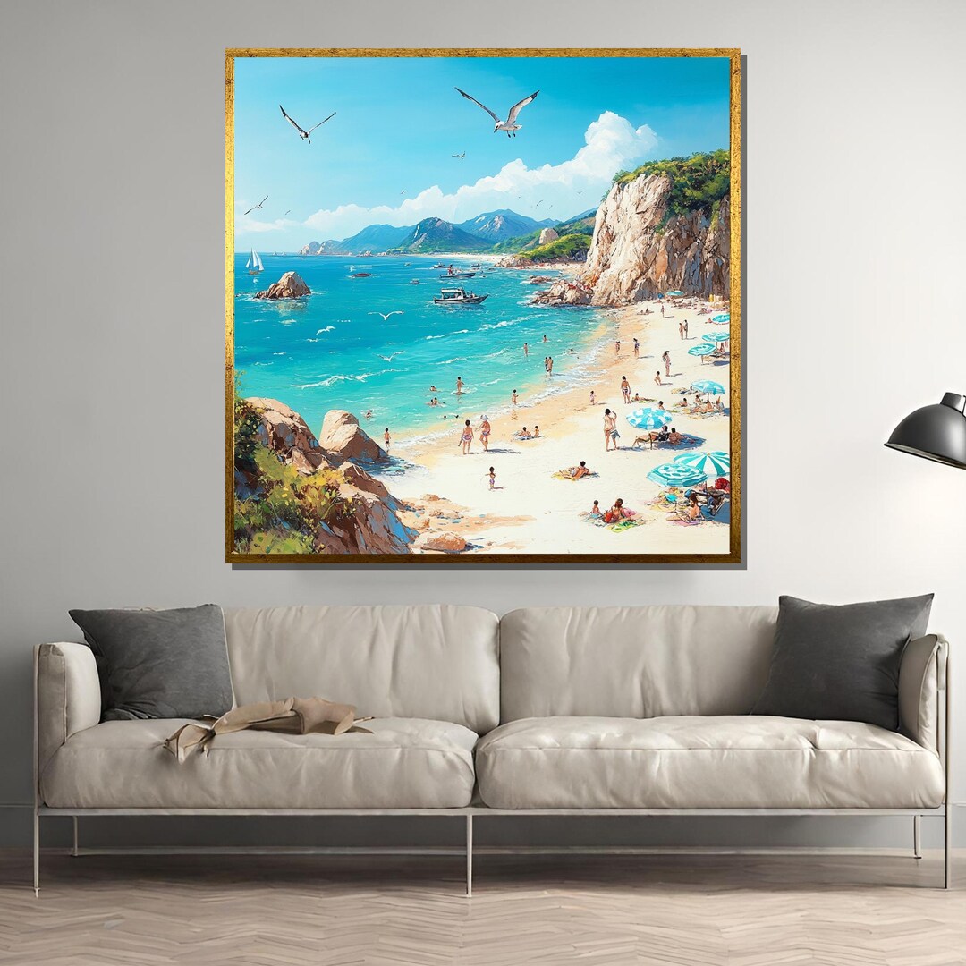 Sunny Beach Day Canvas Painting – Coastal Scene With Families, Boats ...