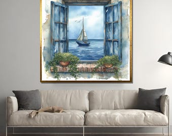 Aquarell Segelboot durch offenes Fenster Gemälde - Friedliche nautische Kunst für das Wohndekor, perfektes Küstengeschenk