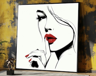 Retrato de mujer en lienzo, labios rojos, belleza moderna, decoración del hogar.