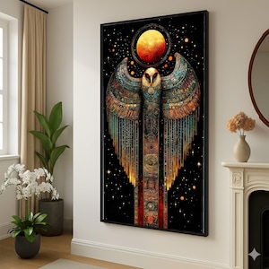 Alte ägyptische Falke Leinwand, Horus Wandkunst, mystisches Raumdesign, Pharao Symbol Leinwand, mythologisches Wohndekor, kosmische Vogel Malerei