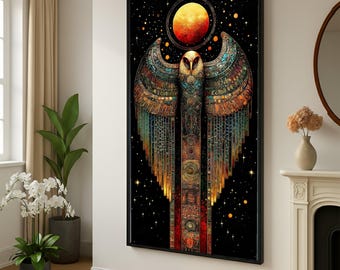 Forntida egyptisk falk-canvas, Horus-väggkonst, mystisk rymddesign, faraosymbol-canvas, mytologisk heminredning, kosmisk fågelkonstverk