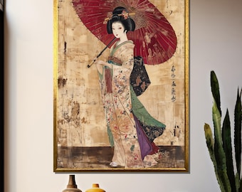 May include: A framed painting of a woman in a traditional Japanese kimono holding a red umbrella. The background is a textured, gold-toned canvas with Japanese characters.