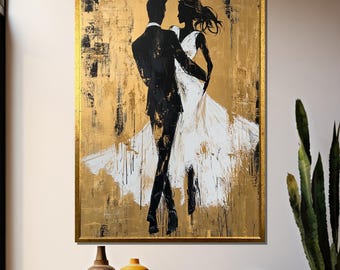 Abstract Elegance in Gold Canvas Painting – Graceful Couple Dancing in White Dress, Modern Art Gift for Lovers, Sophisticated Wall Decor