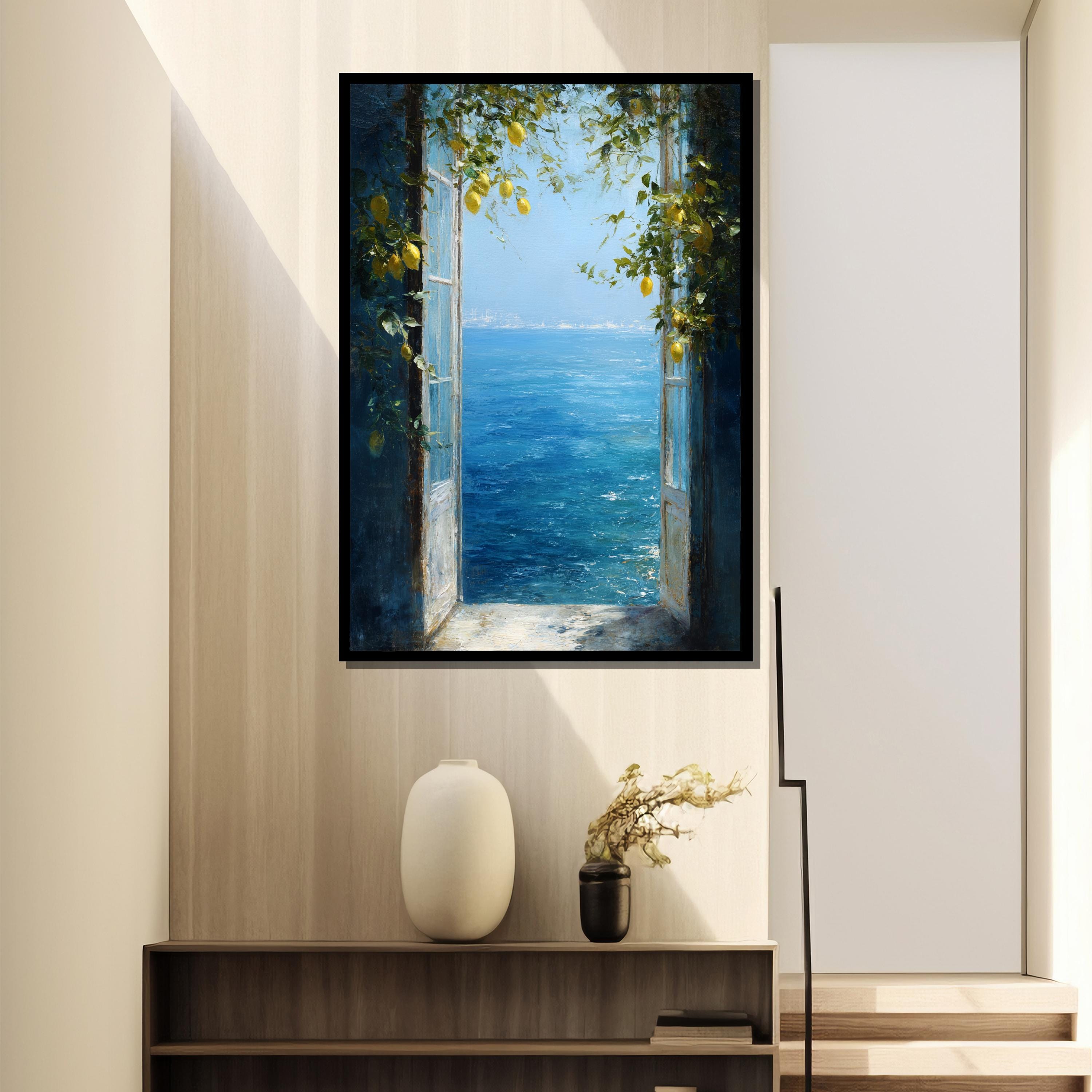 Mediterranean Lemon Canvas Print – Coastal Window Seascape Wall