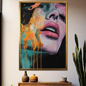 Pintura abstracta sobre lienzo, arte surrealista de rostros goteantes, decoración de pared expresionista moderna, obra de arte colorida y vibrante, idea de regalo única