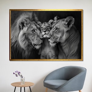 Ritratto di famiglia con leone bianco e nero – Maestoso dipinto su tela, regalo sentito per gli amanti della fauna selvatica e dell'arte