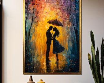 Romantic Couple Canvas Art – Silhouette Under Umbrella, Vibrant Rain