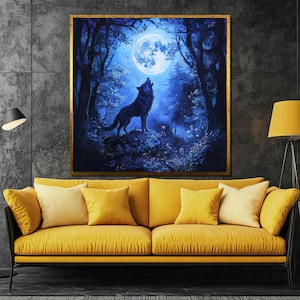 Howling Wolf Canvas Painting – Enchanting Full Moon Art for Nature and Gift Enthusiasts