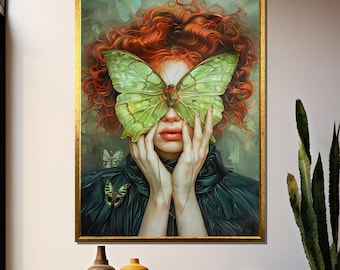 Surreal Canvas Painting of Woman with Butterfly Mask – A Dreamlike Vision for Unique Art Lovers, Perfect Gift for Surrealism Enthusiasts