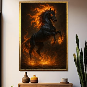 May include: A black horse with a flowing mane of fire stands on a bed of flames. The horse's eyes are glowing red, and its hooves are surrounded by flames.