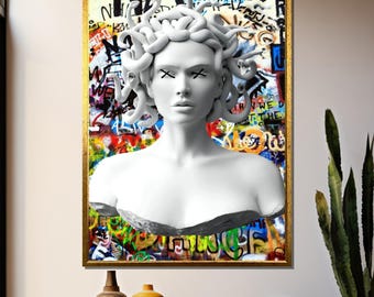 Pintura en lienzo con grafiti de Medusa: un regalo atrevido inspirado en el arte callejero para una decoración de pared moderna.
