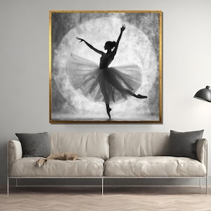 Elegant Ballerina Performing a Graceful Pirouette – Black and White Ballet Dance Canvas Painting, Perfect Gift for Dance Enthusiasts