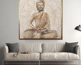 Goldenes Buddha Gemälde - Goldenes Mandala und Buddha Kunst, Zen spirituelle Wanddekoration, ideales Achtsamkeits Geschenk für ein friedliches Zuhause