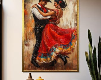 May include: A painting of a couple dancing. The man is wearing a cowboy hat and a black vest. The woman is wearing a red dress with colorful trim. The painting is done in a realistic style with a warm color palette.