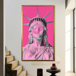 Pink Statue of Liberty Canvas Painting, Pop Art Wall Decor, Modern Graffiti Artwork, Urban Street Art, New York Gift