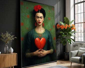 Puede incluir: Retrato enmarcado de una mujer sosteniendo un corazón rojo. Lleva un vestido verde, pendientes rojos y flores en el pelo. El fondo es verde con motivos florales rojos. La obra de arte se exhibe en un salón moderno.