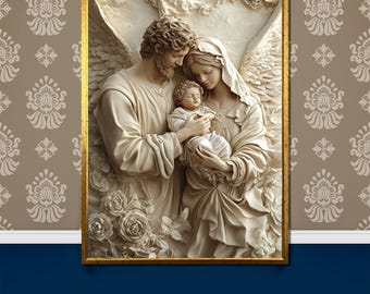 Nativity in Marble: The Holy Family with Angelic Grace and Serenity