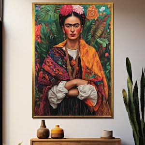 Frida Kahlo-Inspired Vibrant Floral Canvas Painting – Iconic Mexican Art Style with Bold Colors – Ideal Gift for Art Lovers