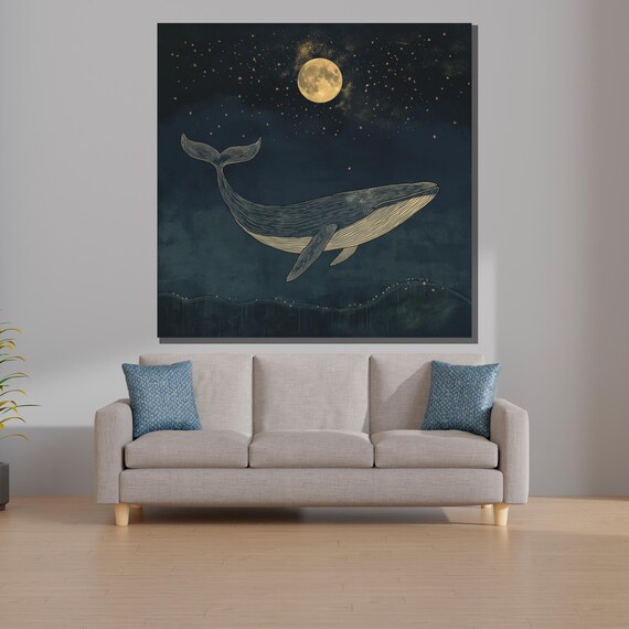 月下のクジラのキャンバスプリント – 夢のような天体ウォールアート